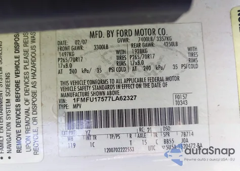 2007 Ford Expedition Eddie Bauer из США, поврежденный, VIN 1FMFU17577LA62327